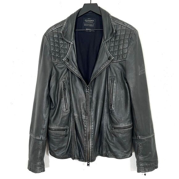 ALLSAINTS Spitalfields Distressed Leather Moto Jacket Size Medium Gray